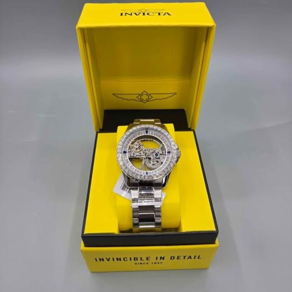 Invicta Automatic Skeleton Watch Silver-Tone Diamond Bezel
